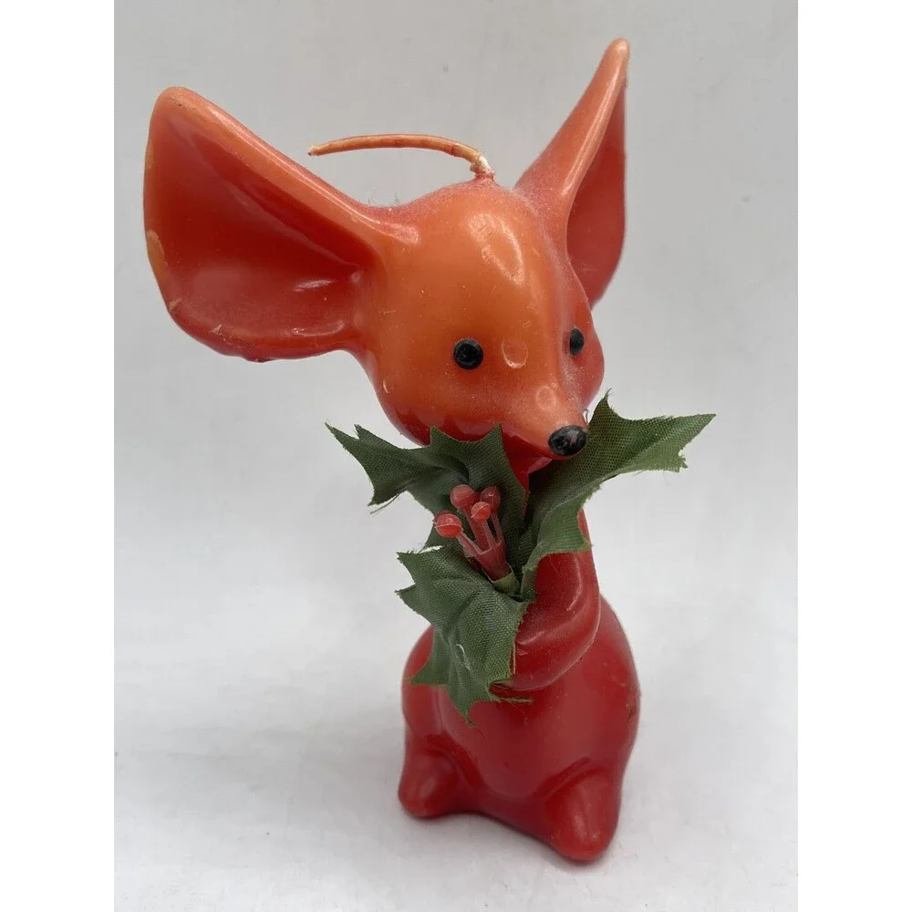 Vintage Red Mouse w/ Big Ears Holding Holly Figure Candle  5.5” Tall -
